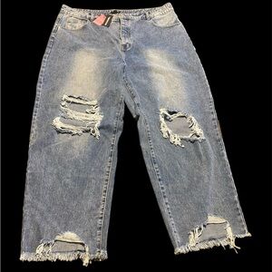 Pretty Little Thing plus Light Wash Ripped Wide Leg Jeans US 18